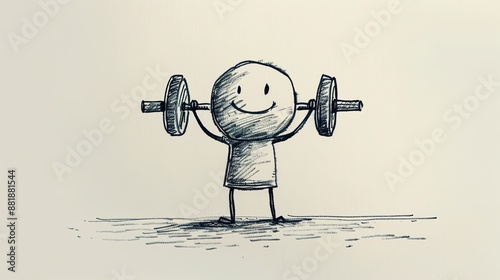 Minimalist 2D vector of a stick figure lifting weights, set on a clean white background, ideal for fitness-themed presentations and designs