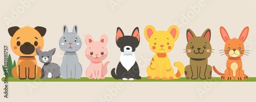 Vector set of cute cartoon pets including dogs, cats, and rabbits.