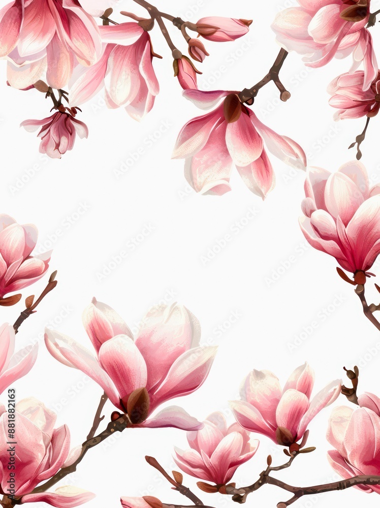 Magnolia flowers as frame on white background. Floral greeting design, beautiful pink flowers on white background with copy space. Magnolia flowers as frame on white background. Floral greeting design, beautiful pink flowers on white background with copy space.