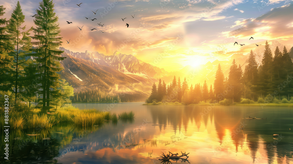 Painting of Serene Nature Scene with Crystal-Clear Lake. A tranquil nature scene featuring a crystal-clear lake reflecting a golden sunset, surrounded by lush trees and majestic mountains.