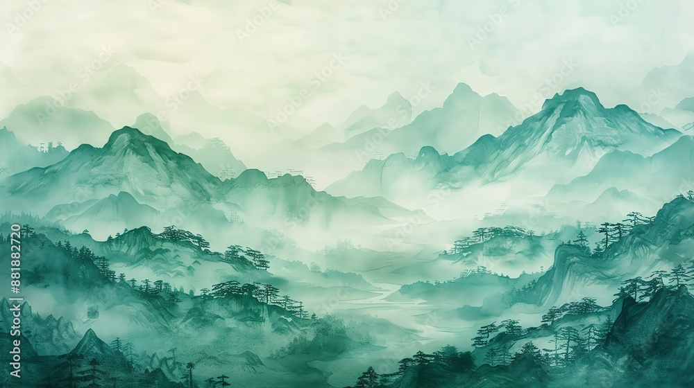 Watercolor Painting of a Mountain Range with Mist. Watercolor Painting of a Mountain Range with Mist.