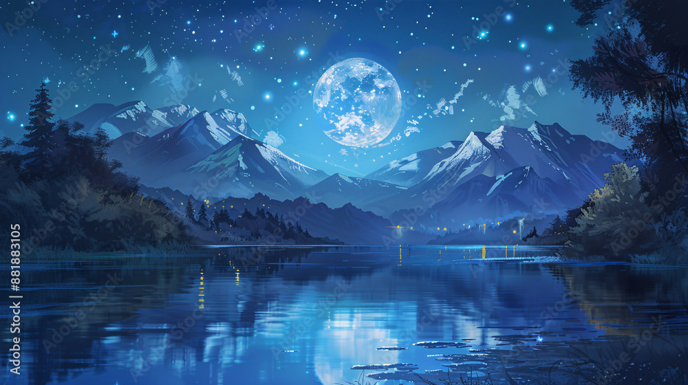 A breathtaking digital painting of a moonlit river, mountains, and stars at night, creating a sense of mystery and adventure. It could be used as a book illustration, video game scene,...