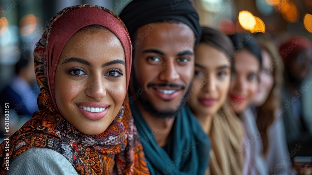 A banner highlights the diversity of a multiethnic team of business people, smiling and presenting in a meeting A banner highlights the diversity of a multiethnic team of business people, smiling and presenting in a meeting