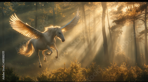 Flying pegasus in mystical forest magical creature fantasy art