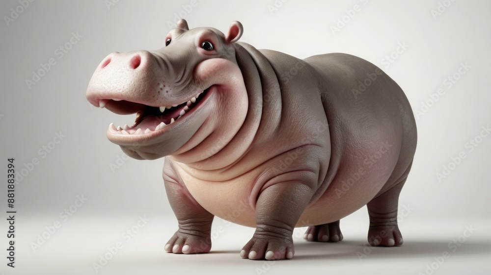 A cheerful cartoon hippopotamus smiles and stands on a white background. A cheerful cartoon hippopotamus smiles and stands on a white background.