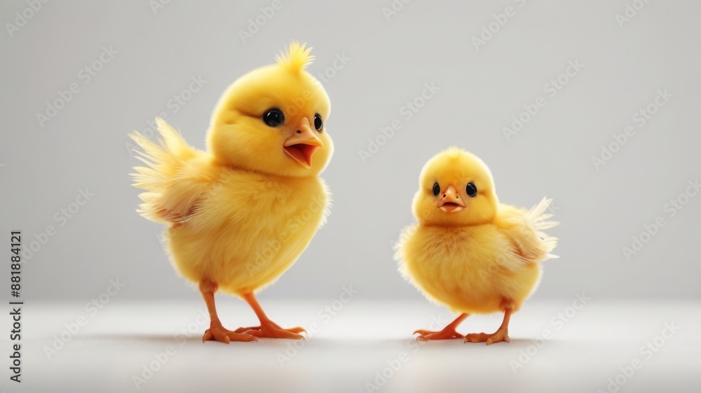 Two Cute Yellow Chicks Standing on a White Background. Two Cute Yellow Chicks Standing on a White Background.