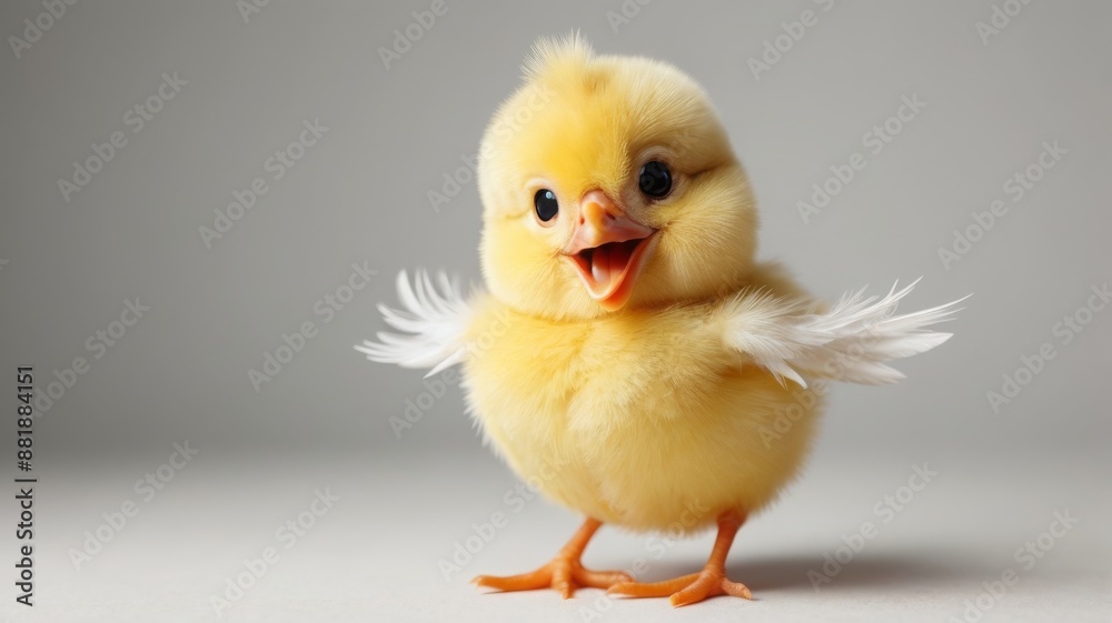 Cute baby chick with open beak and yellow feathers on gray background. Cute baby chick with open beak and yellow feathers on gray background.