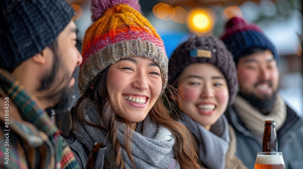 A close-up of happy Asian friends, filled with laughter, enjoying bottled beers together A close-up of happy Asian friends, filled with laughter, enjoying bottled beers together
