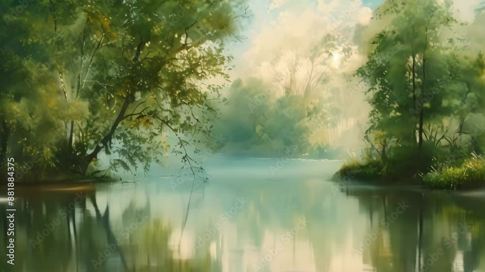 A painting depicting a river with trees in the background on a misty day, Mist shrouding a tranquil river A painting depicting a river with trees in the background on a misty day, Mist shrouding a tranquil river