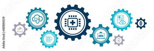 digital healthcare / ehealth / iot technology in medicine vector illustration. Concept related to medical big data, cloud applications, wearable health monitoring, digital or virtual diagnosis.