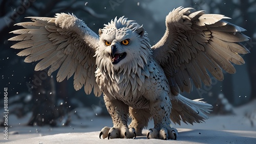 A mythical creature, a type of gryphon, head of a lion, wings of a snow owl. 3D rendering photo