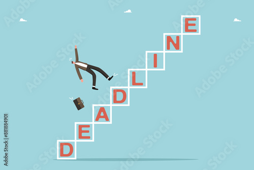 Deadline or limited deadlines for project completion, calendar schedule, planning work, time management, business schedule of meetings and events, man falls from deadline steps.
