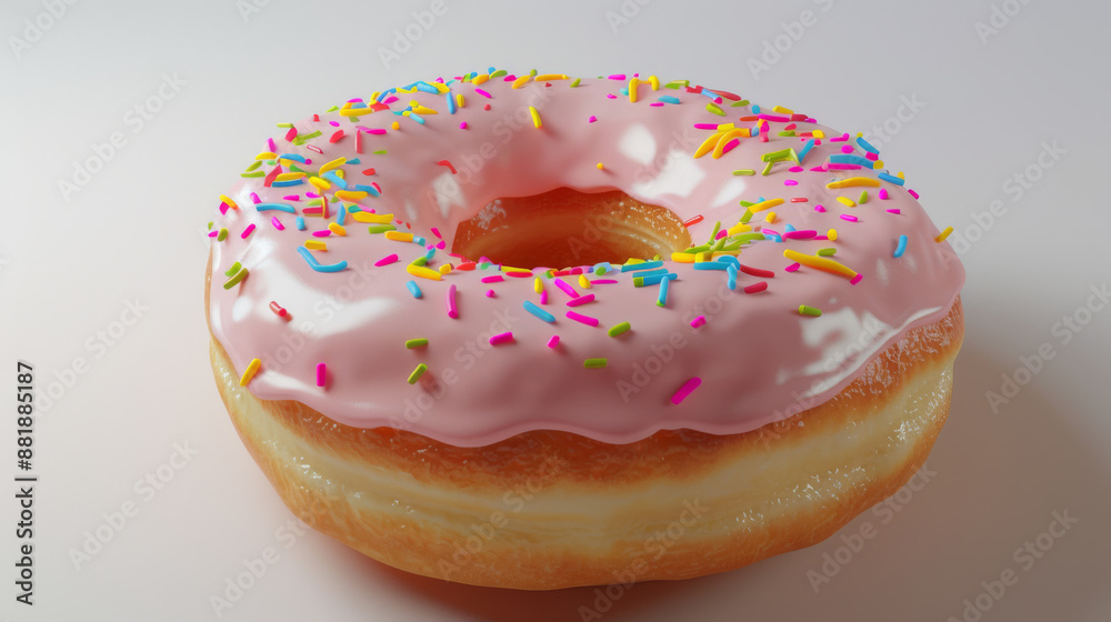 Close-up of a glazed donut with pink icing and colorful sprinkles, tempting on a light background. Close-up of a glazed donut with pink icing and colorful sprinkles, tempting on a light background.