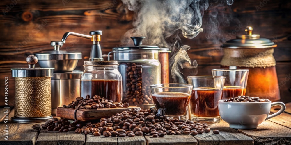 Coffee shop scene with steam rising from freshly brewed coffee drinks, aromatic espresso machines, and jars of coffee beans on a rustic wooden counter. Coffee shop scene with steam rising from freshly brewed coffee drinks, aromatic espresso machines, and jars of coffee beans on a rustic wooden counter.