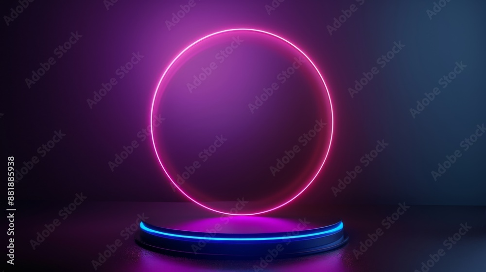 A 3D rendered podium featuring a neon light ring on a dark background, with a glowing round frame in shades of purple. A 3D rendered podium featuring a neon light ring on a dark background, with a glowing round frame in shades of purple.