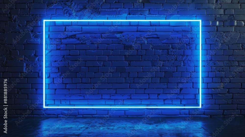 A 3D rendering of a rectangular blue neon light on a dark brick wall background, ideal for design layout, product presentation, service, or signage.