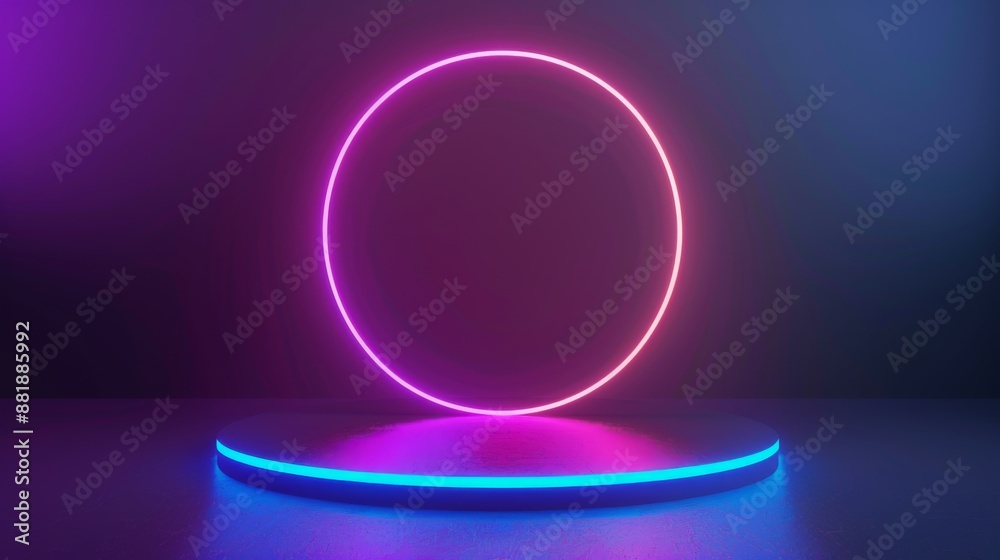 3d render podium with neon light ring on dark background, glowing round frame in purple colors 3d render podium with neon light ring on dark background, glowing round frame in purple colors