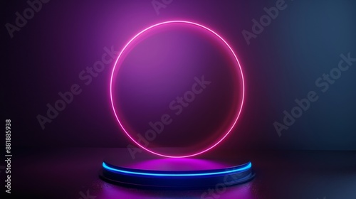 A 3D rendered podium featuring a neon light ring on a dark background, with a glowing round frame in shades of purple.