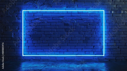 Obraz na płótnie A 3D rendering of a rectangular blue neon light on a dark brick wall background, ideal for design layout, product presentation, service, or signage. w salonie