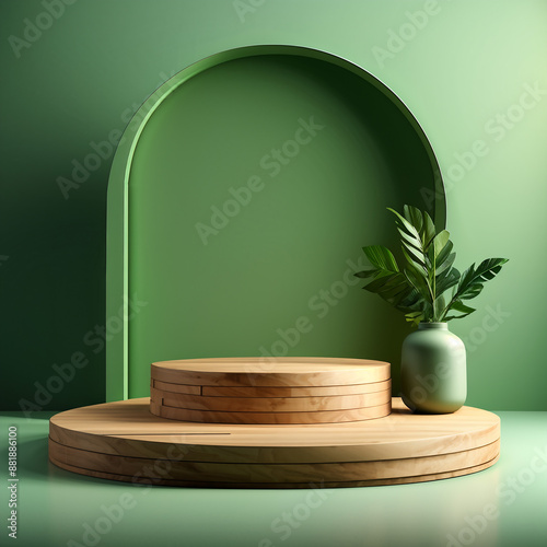 Abstract minimal scene with wooden podium and backdrop in studio lighting green background. Product presentation showcase, Mock up stage, Cosmetic product display, Podium, stage pedestal. 3d rendering