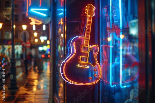 A neon sign shaped like a guitar, glowing in various colors, displayed in a shop window with reflections and street lights in the background, captured at dusk with a slight bokeh effect.