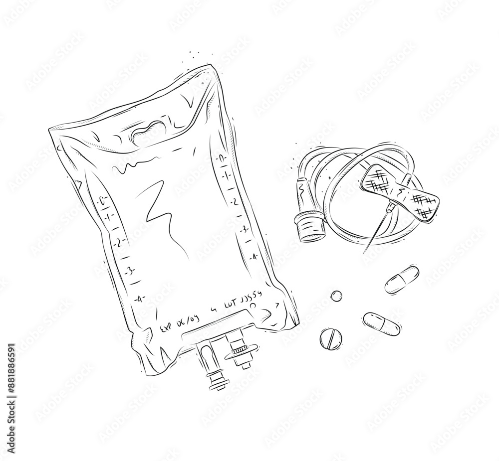 Infusion bag, butterfly injection catheter, pills composition drawing in graphic style on white background