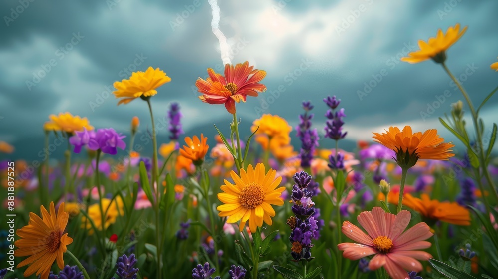 Bright Field of Daisies and Lavender Under a Dramatic Sky Bright Field of Daisies and Lavender Under a Dramatic Sky