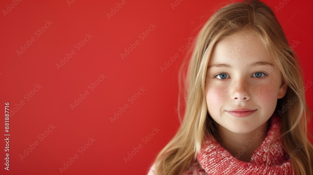 Young Blonde Girl with Freckles in Red Sweater Against Red Background, Celebrating Winter and Holiday Season, Captivating Portrait Style, Highlighting Warmth, Coziness, and Joyful Expression Young Blonde Girl with Freckles in Red Sweater Against Red Background, Celebrating Winter and Holiday Season, Captivating Portrait Style, Highlighting Warmth, Coziness, and Joyful Expression