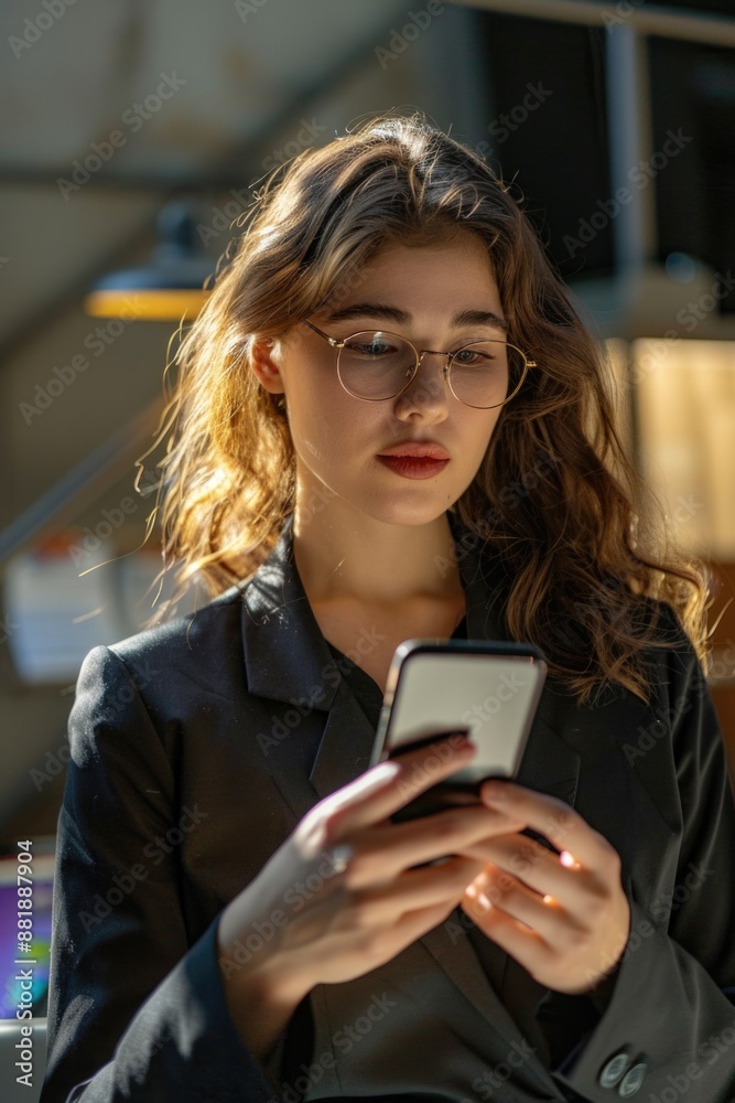 A woman looks at her cell phone, possibly checking messages or updates A woman looks at her cell phone, possibly checking messages or updates