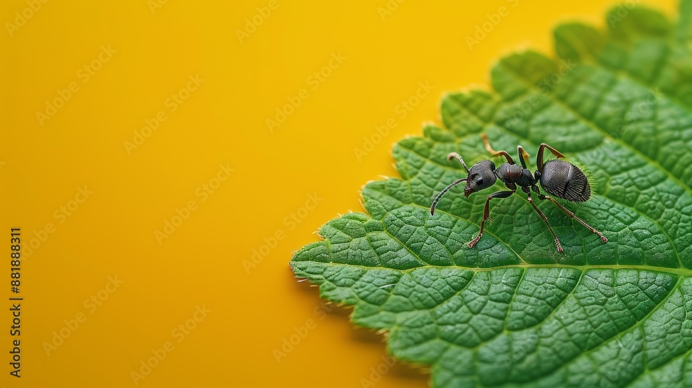 Close-Up of Ant on Leaf Against Yellow Background in Macro Photography