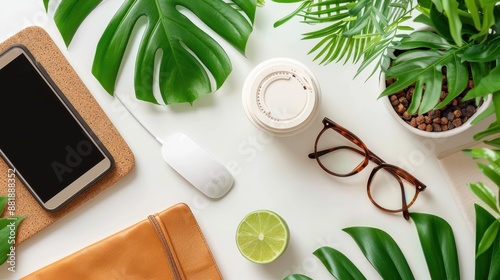 A neat and modern workspace featuring technology items such as a smartphone and mouse, combined with natural elements like plants, creating a balanced environment.