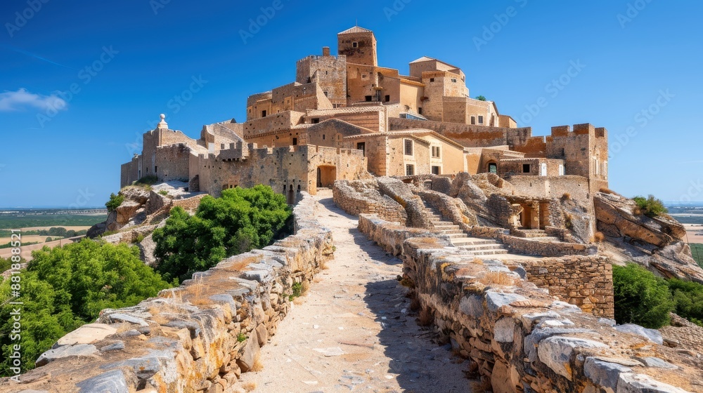 An ancient fortress perched on a hilltop, bathed in bright sunlight, surrounded by lush greenery and expansive views of the countryside. Historical and majestic composition. An ancient fortress perched on a hilltop, bathed in bright sunlight, surrounded by lush greenery and expansive views of the countryside. Historical and majestic composition.