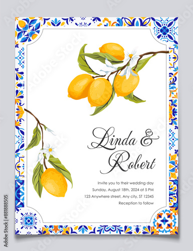 Blue Tiles and Lemons Wedding Invitation Card