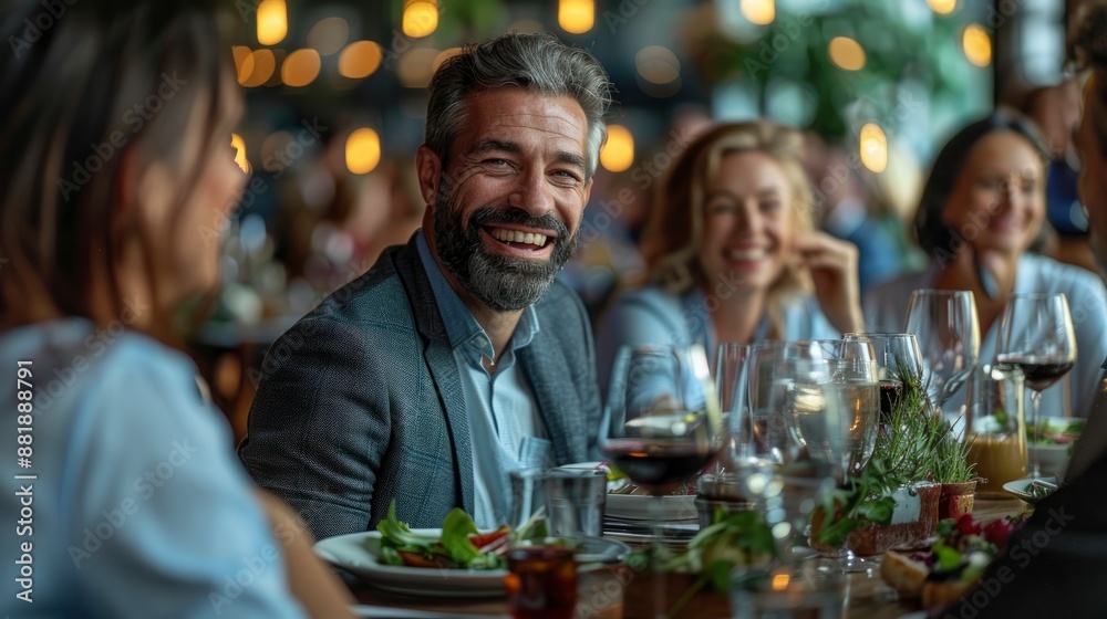 Diverse white-collar professionals, smiling and engaged, discuss work together during a business lunch Diverse white-collar professionals, smiling and engaged, discuss work together during a business lunch