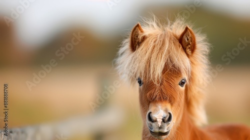 A charming young pony with a fluffy mane gazing in the serene rural setting, capturing the essence of innocence and the tranquil beauty of countryside life.