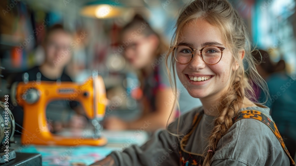 Fototapeta premium Enthusiastic students, with bright smiles, learn to sew in a vibrant fashion studio, celebrating each stitch and design