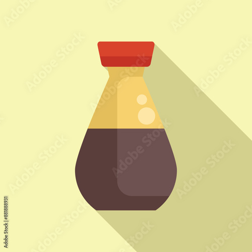 Bottle of soy sauce is standing on a light yellow background, casting a long shadow