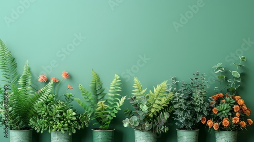 Stylish Green Plant Collection in Pots Against a Green Wall