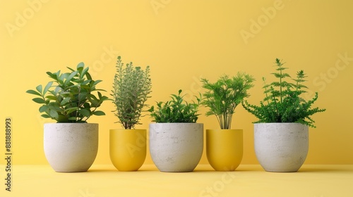 Minimalist Arrangement of Vibrant Green Plants in Yellow and White Pots photo