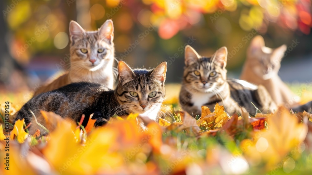 Fototapeta premium Cats lounging on grass under fall leaves with space for text