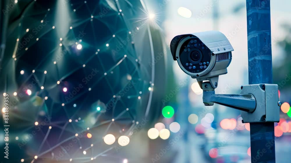 Security camera on a pole surveilling a city street for signs of unauthorized activity, Monitoring network activity for signs of unauthorized access Security camera on a pole surveilling a city street for signs of unauthorized activity, Monitoring network activity for signs of unauthorized access