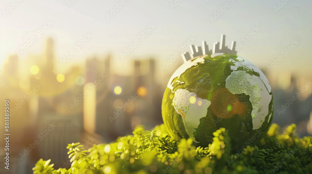 A miniature globe with a city skyline sits on vibrant green foliage, symbolizing urbanization, sustainability, and a green future. A miniature globe with a city skyline sits on vibrant green foliage, symbolizing urbanization, sustainability, and a green future.