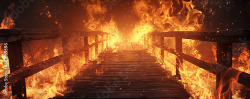A fire background featuring flames engulfing a wooden bridge, creating a dramatic and intense visual effect.