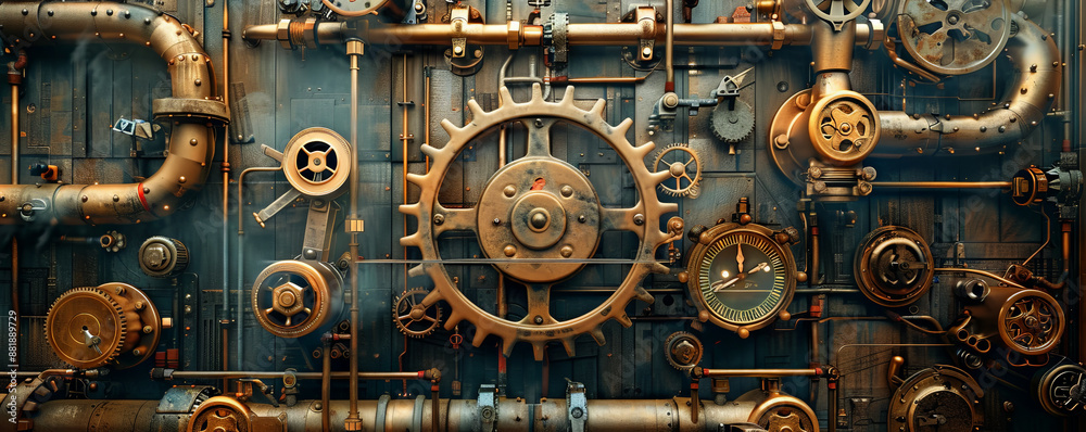 A steampunk mechanical background with brass gears, pipes, and vintage gauges, blending old-world charm with industrial design. A steampunk mechanical background with brass gears, pipes, and vintage gauges, blending old-world charm with industrial design.