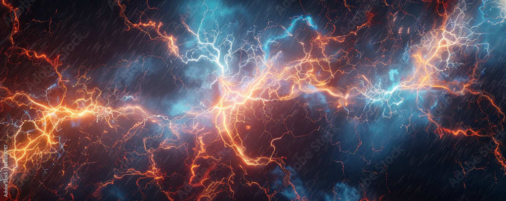 Fototapeta premium A bright energetic background featuring electric currents and glowing lines crisscrossing against a dark backdrop, symbolizing power.