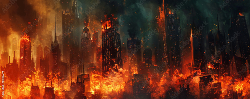 A background of fire in a cityscape, with flames engulfing buildings and creating a dramatic and chaotic scene. A background of fire in a cityscape, with flames engulfing buildings and creating a dramatic and chaotic scene.