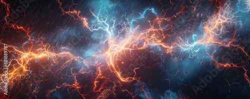 A bright energetic background featuring electric currents and glowing lines crisscrossing against a dark backdrop, symbolizing power. © AI_images