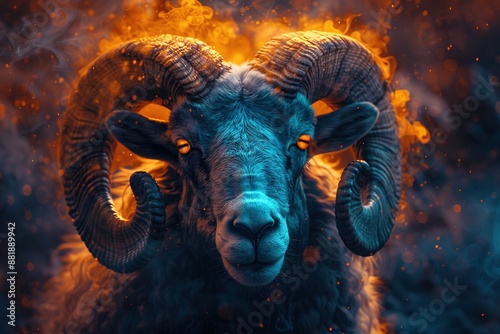 Intergalactic-themed Aries zodiac symbol with futuristic color palette