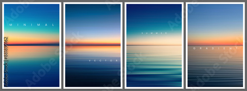 Set of summer gradient posters in minimal style. Beautiful ocean beach horizon with sunrise or sunset. Trendy design with ambient soft blurred background for banner, flyer or book cover