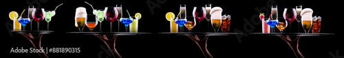 Hand holding tray with different alcohol cocktails isolated on black background photo